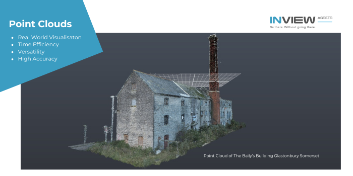 A point cloud image of an old industrial building with chimney 