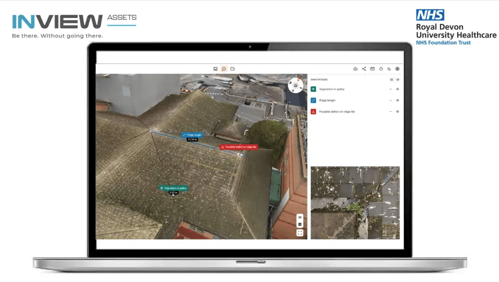 Laptop showing roof of NHS building at the Royal Devon University Healthcare Trust, Exeter Devon. 