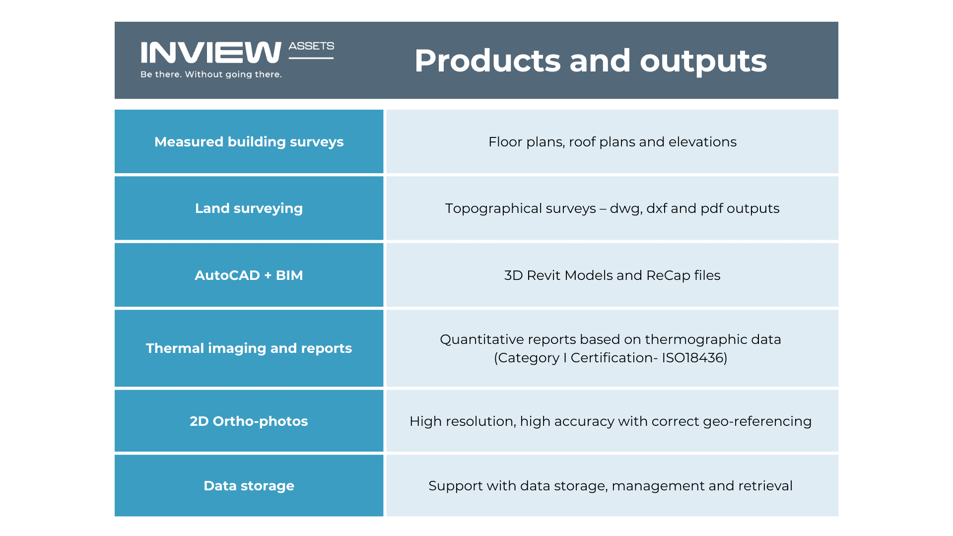 A table explaining InView Assets a data capture company products and outputs 