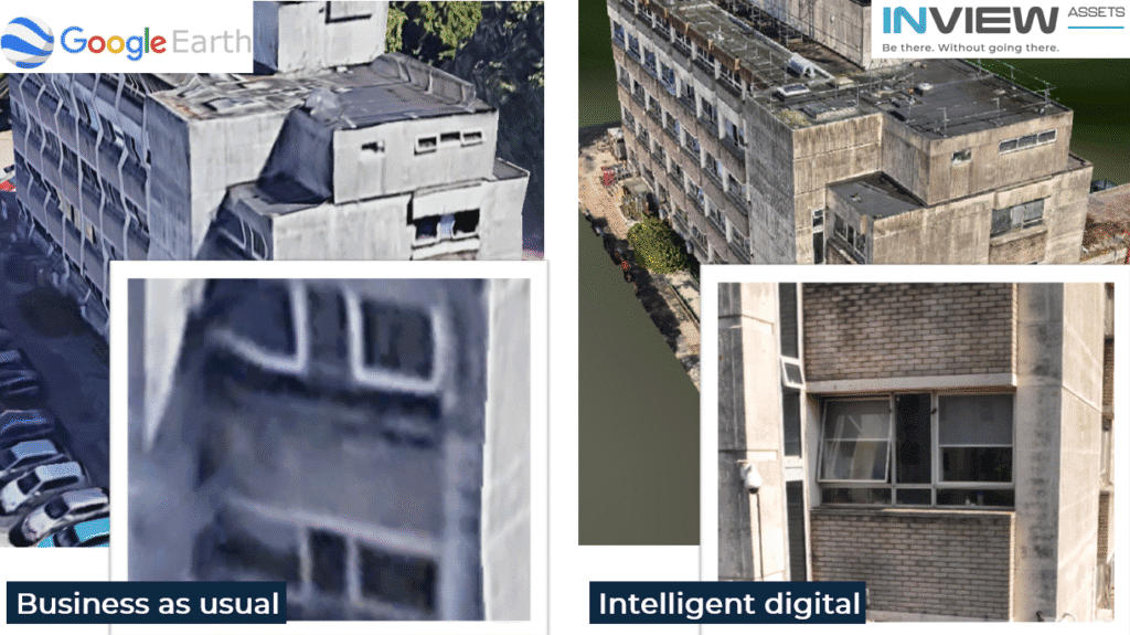 Comaprison photo of google earth building against a hi res version of the same building