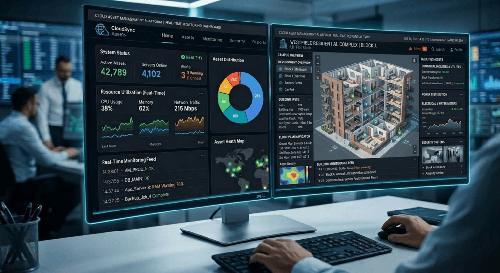 Dual monitors showing Dashboard of building asset management software with digital twin building model on second screen