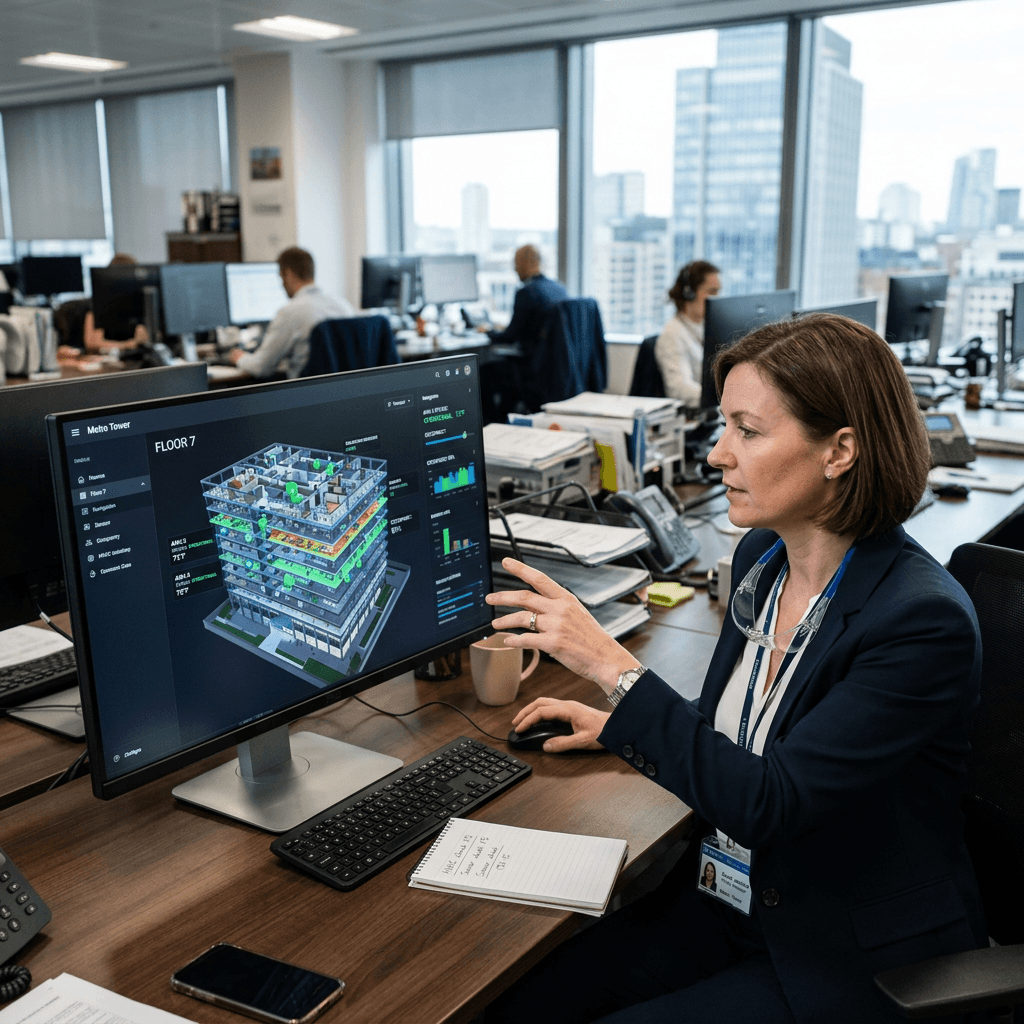 Facilities manager inspecting building remotely in office 