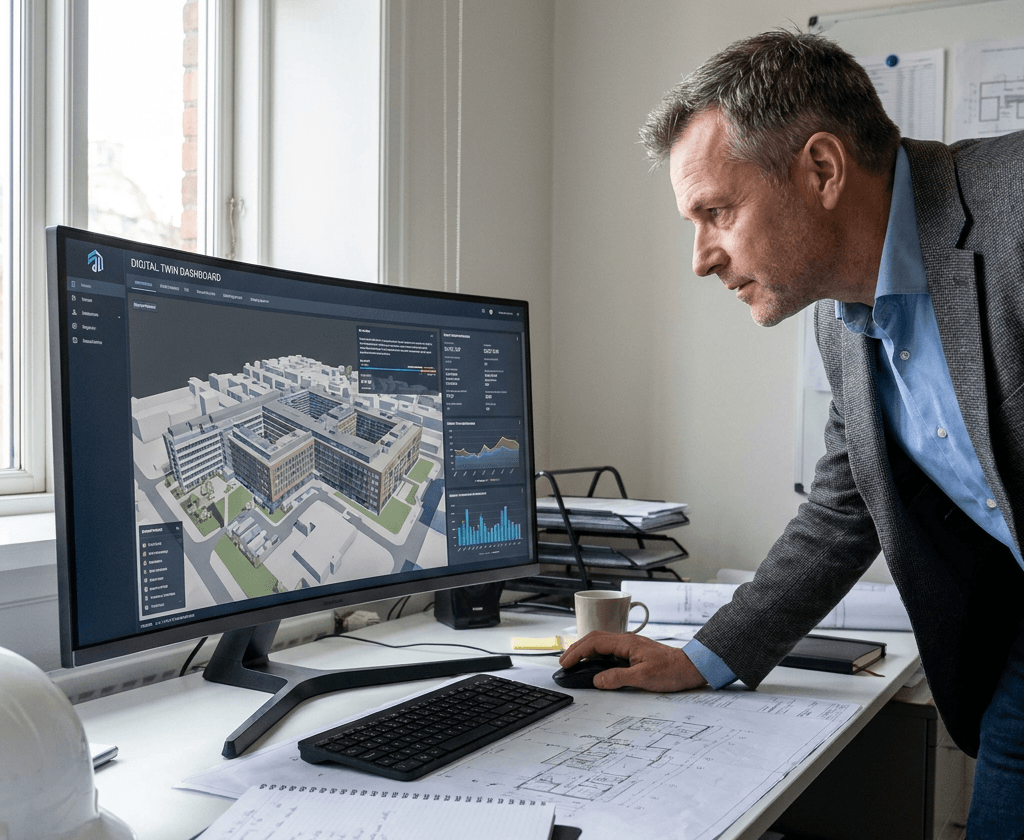 Facilty manager looking at digital twin on computer screen in the office